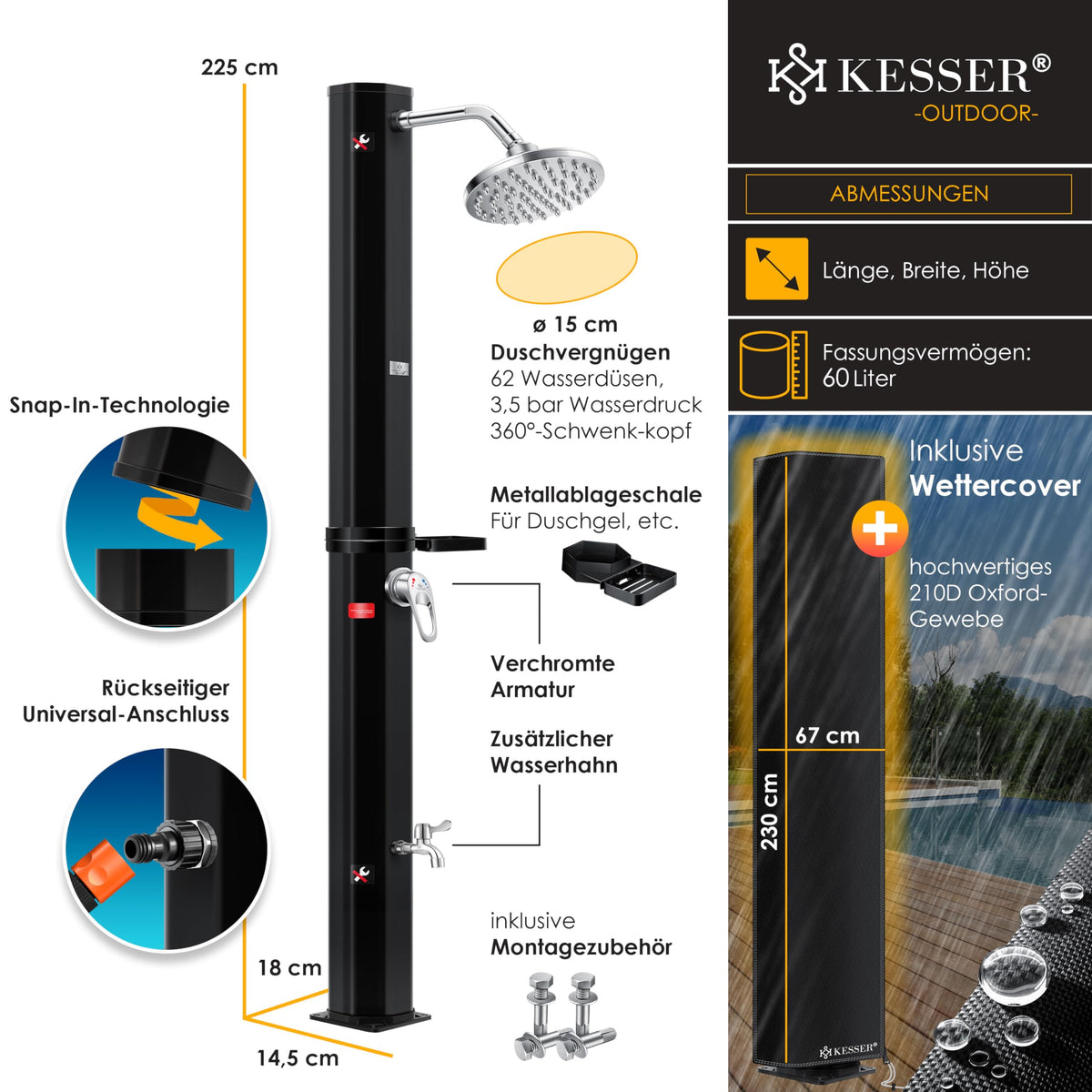 Solardusche 60 L für Garten und Pool mit 60 °C Wassertemperatur 62 Düsen 360° Regenduschkopf Wasserhahn Ablage und Schutzhaube
