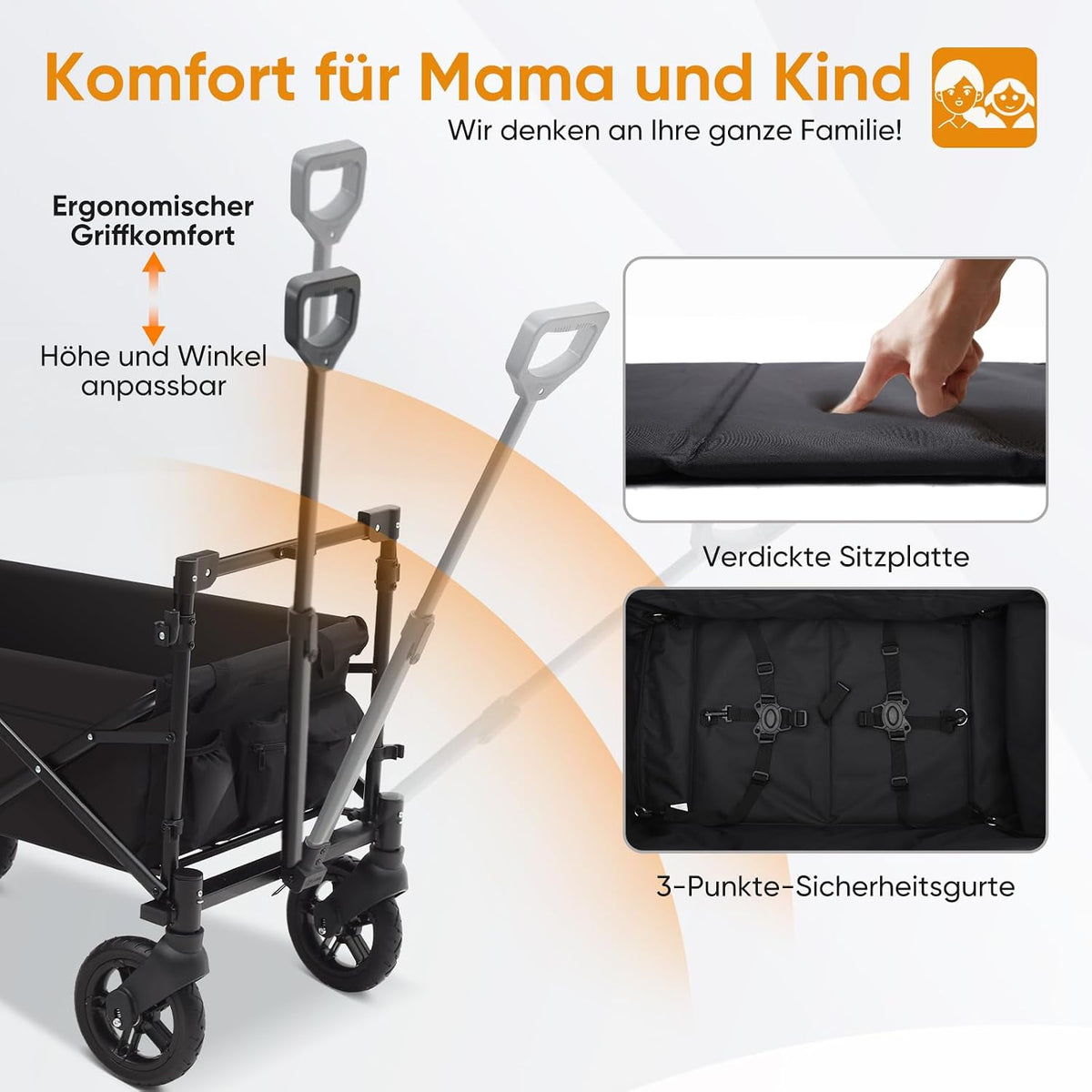 Faltbarer Bollerwagen mit Dach SS5050 110L PU Räder mit Bremsen 100kg Traglast Schiebegriff Kinder Transportwagen