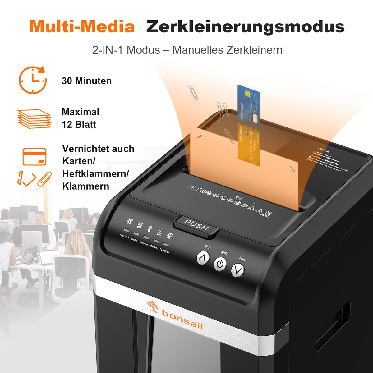 Aktenvernichter C283 Auto-Feed 200 Blatt P-4 Mikroschnitt 60 Min Dauerbetrieb 31 L Behälter 58 dB