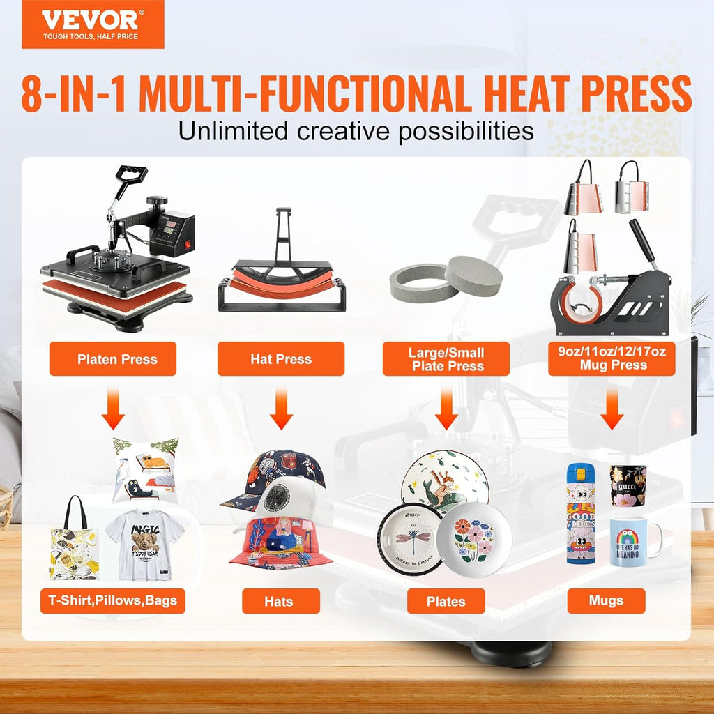Hitzepresse Transferpresse 38x30cm 8-in-1 1250W 360 Grad Schwenkarm Digital Temperatur- und Zeitsteuerung Sublimation