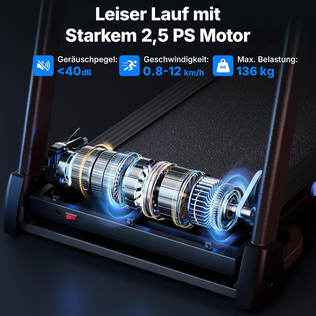 Laufband klappbar mit Steigung MR-T12B2 0–15% Neigung 0.8–12 km/h 136 kg Tragkraft 42×108 cm Lauffläche App Steuerung