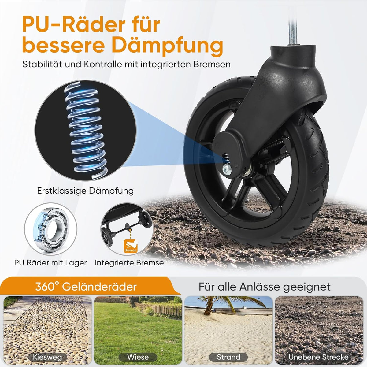 Faltbarer Bollerwagen mit Dach SS5050 110L PU Räder mit Bremsen 100kg Traglast Schiebegriff Kinder Transportwagen
