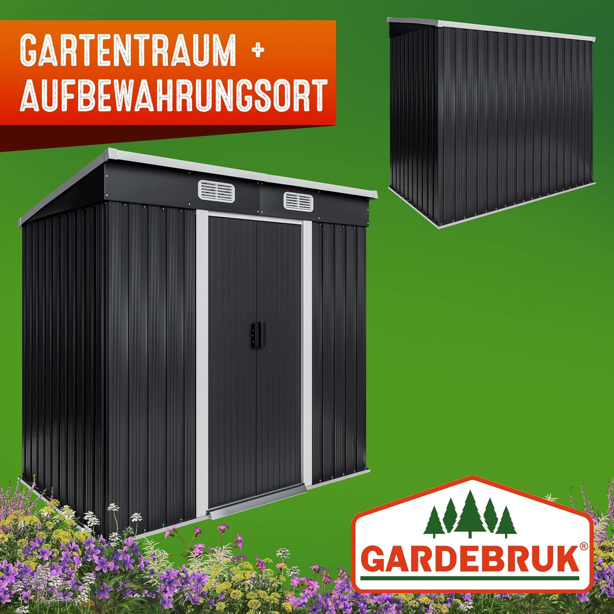 Metall Gerätehaus mit Schiebetür und Fundament 200x125x180 cm wetterfest 2 m² Gartenhaus anthrazit Stahlkonstruktion