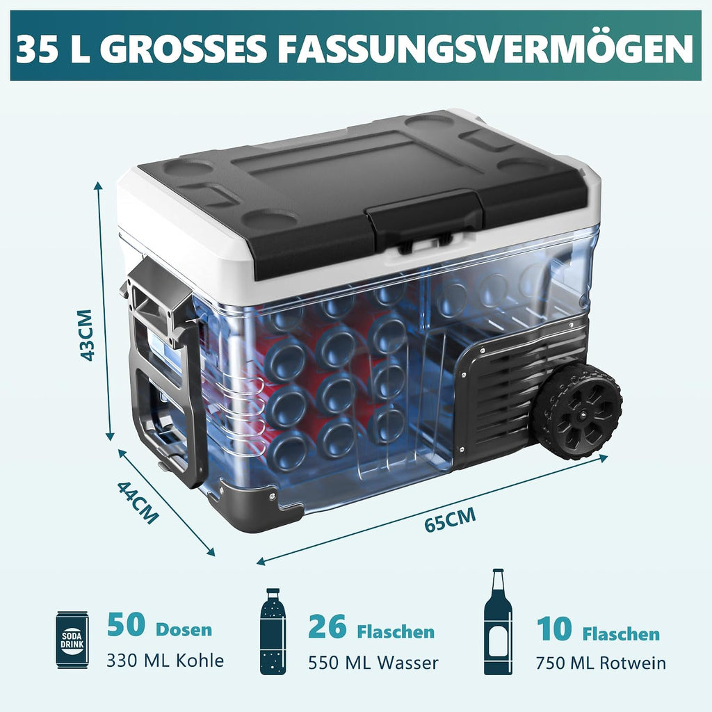 Kompressor Kühlbox 35L Auto Kühlschrank 12V 24V 220V -20 bis 20°C mit App Steuerung Rollen für Camping