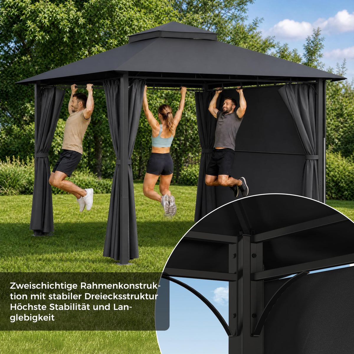 Pavillon 3 x 3 m Grillpavillon erweiterbar auf 3 x 4,8 m mit verstellbarer Markise 1,8 m Stahlgestell 4 Seitenwände