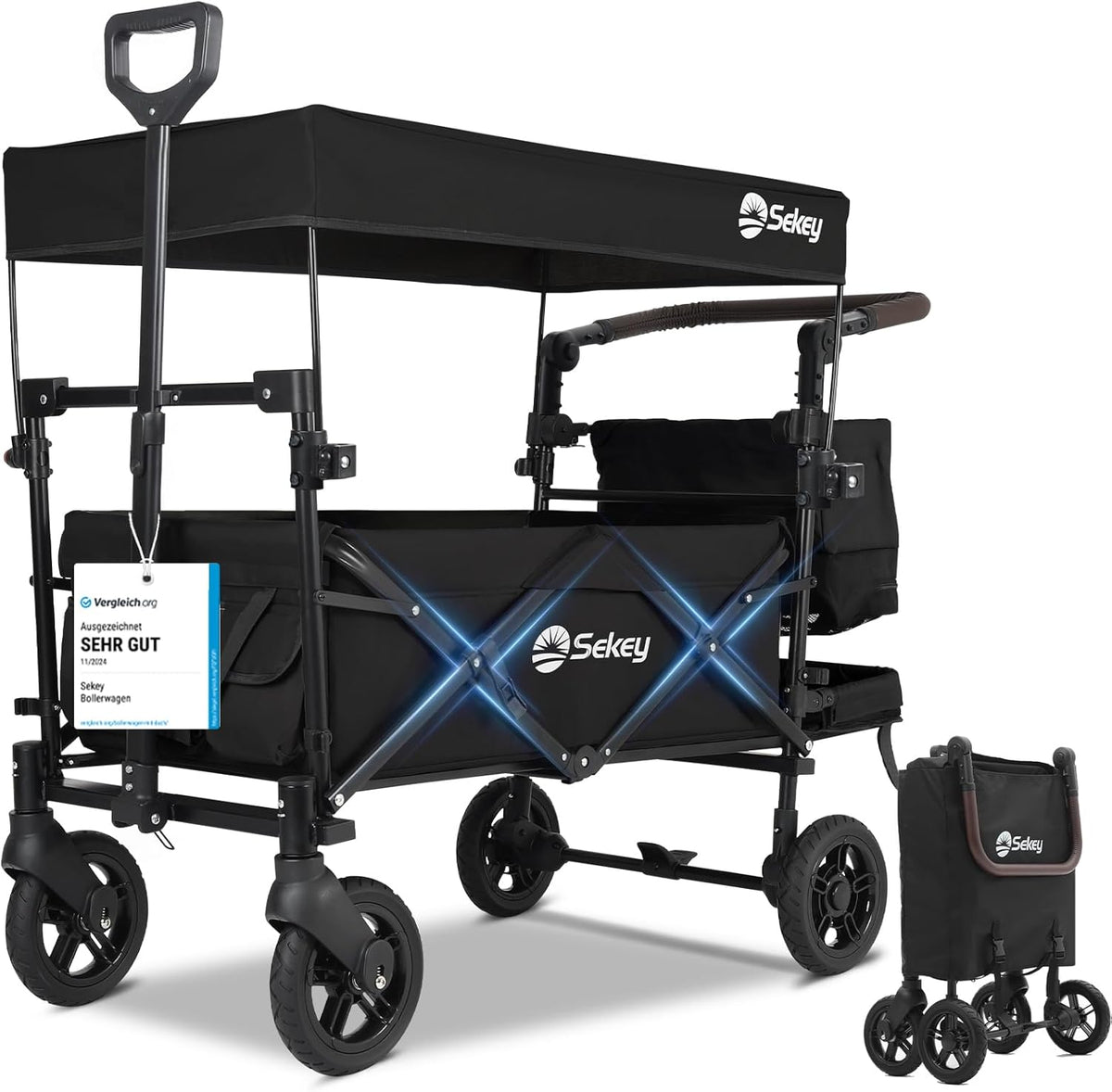 Faltbarer Bollerwagen mit Dach SS5050 110L PU Räder mit Bremsen 100kg Traglast Schiebegriff Kinder Transportwagen