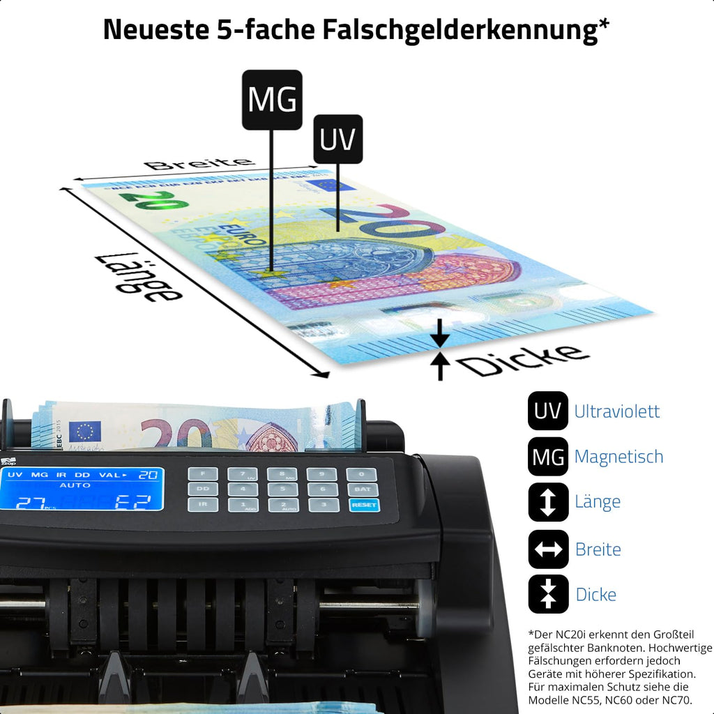 Banknotenzähler NC20i mit 5-facher Falschgelderkennung 1000 Banknoten pro Minute für sortierte Banknoten