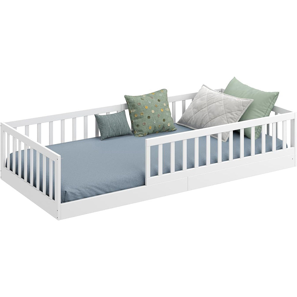 Bodenbett 90x200 cm Montessori Kinderbett Massivholz Kiefer mit Rausfallschutz und Roll-Lattenrost bis 200 kg
