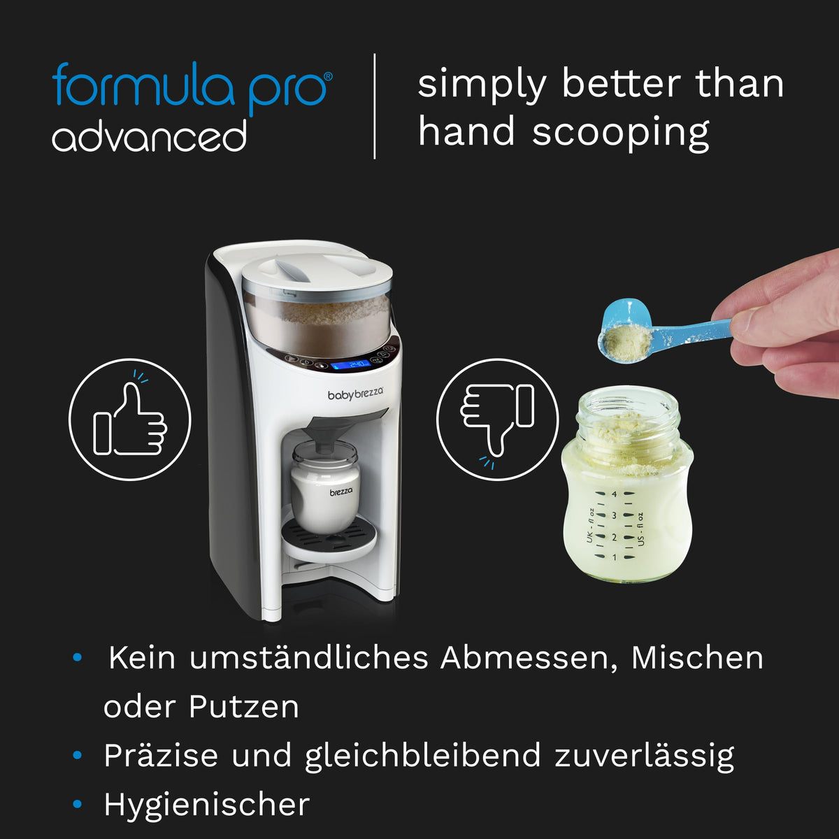 Automatischer Flaschenzubereiter Formula Pro Advanced für Milchpulver und Wasser 3 Temperaturen 60–300 ml LCD-Display Weiß Schwarz
