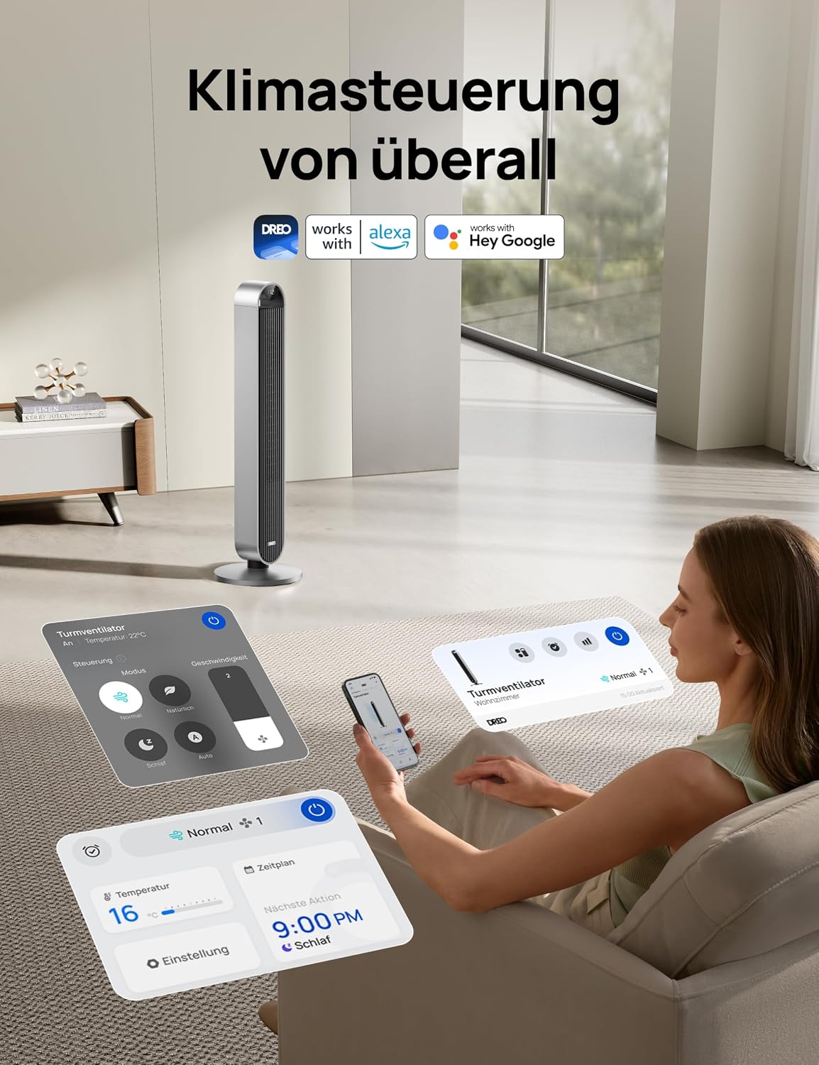 Turmventilator DR-HTF004S 108 cm mit 120° Oszillation 12 Geschwindigkeiten 25 dB WLAN App Steuerung und Timer