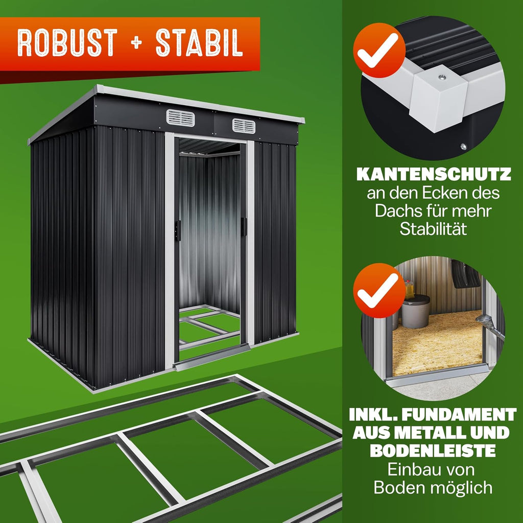 Metall Gerätehaus mit Schiebetür und Fundament 200x125x180 cm wetterfest 2 m² Gartenhaus anthrazit Stahlkonstruktion