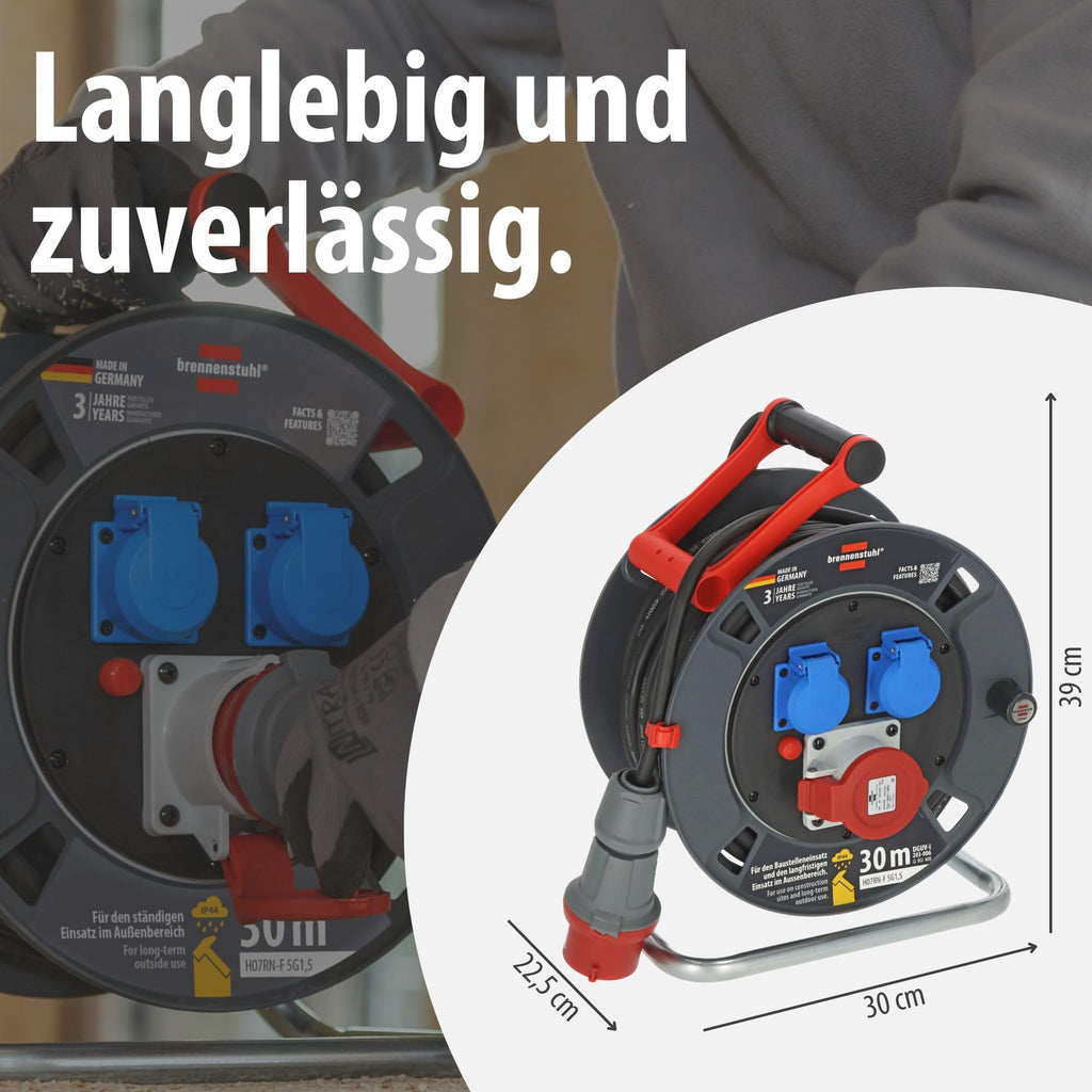 CEE-Kabeltrommel 30 m IP44 H07RN-F 5G1,5 400 V 16 A mit CEE-Steckdose und 2 Schutzkontakt-Steckdosen für Außenbereich
