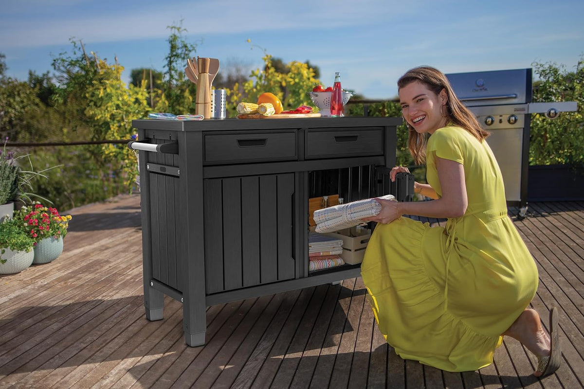 Grilltisch Beistelltisch XXL 22634 124x52x90 cm Kunstharz Holzoptik Outdoor Servicetisch mit Stauraum 2 Schubladen