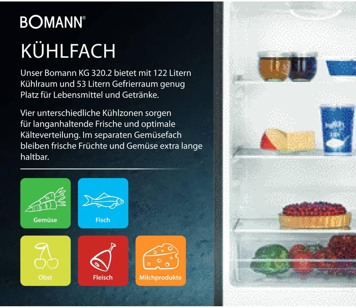 Kühlschrank mit Gefrierfach 175L KG 320.2 143cm 39dB freistehend 3 Ablagen 3 Gefrierschubladen Türanschlag wechselbar