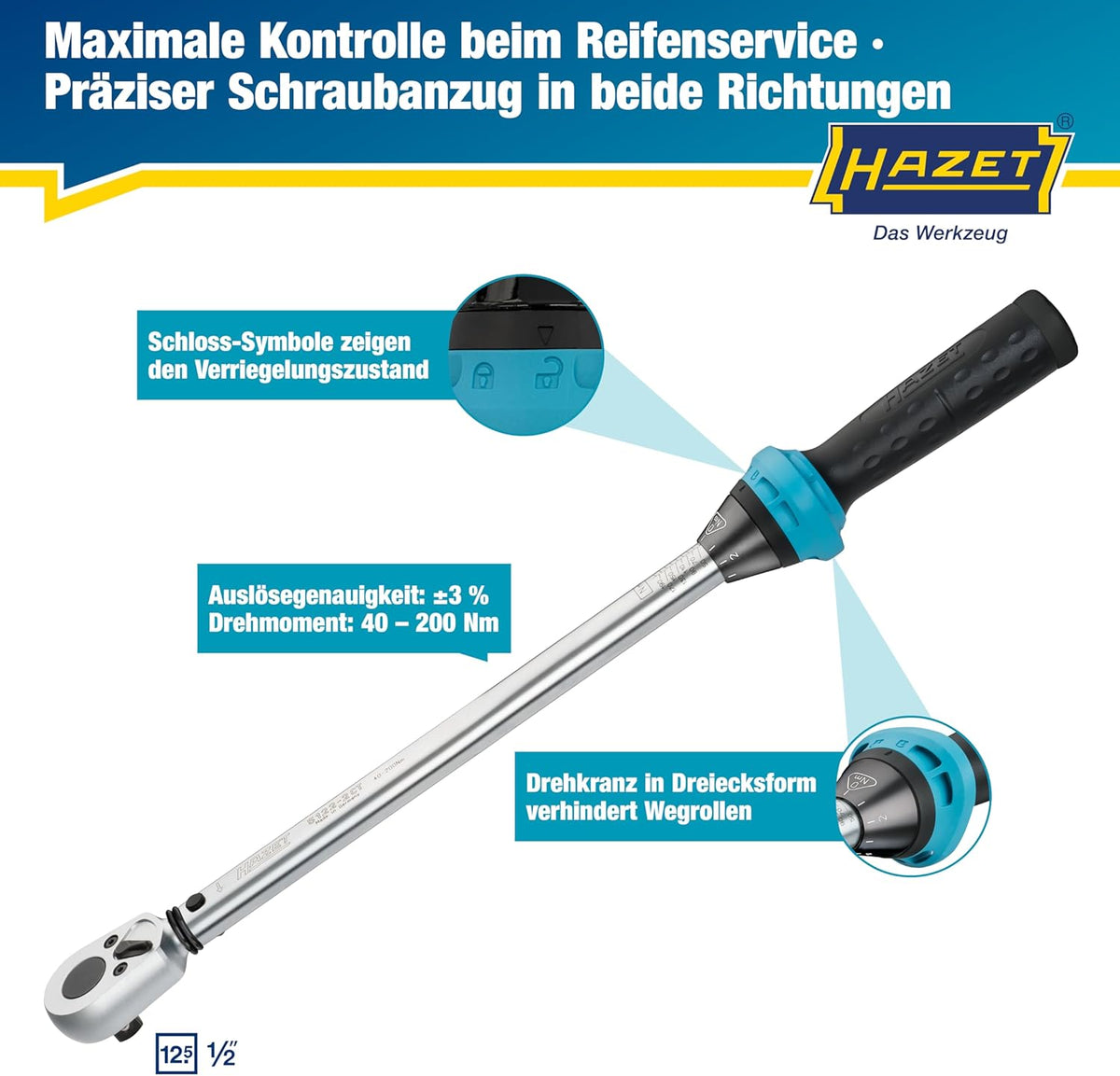 Drehmomentschlüssel 5122-2CT 1/2 Zoll Vierkant 12,5 mm 40-200 Nm ±4 % Umschaltknarre mit Kalibrierschein 519 mm