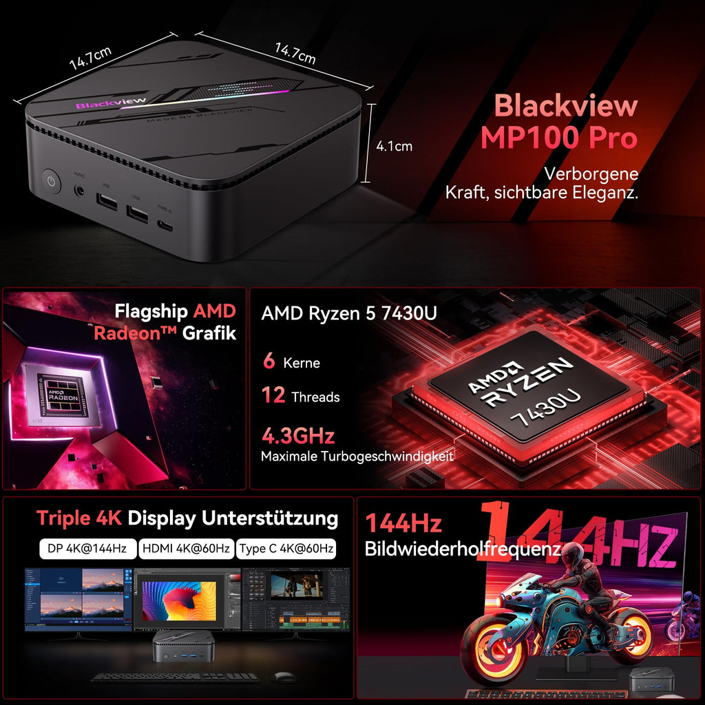Mini-PC MP100 Pro mit AMD Ryzen 5 7430U 16GB RAM 512GB SSD Windows 11 Pro 4K 144Hz WiFi 6 und Triple-Display