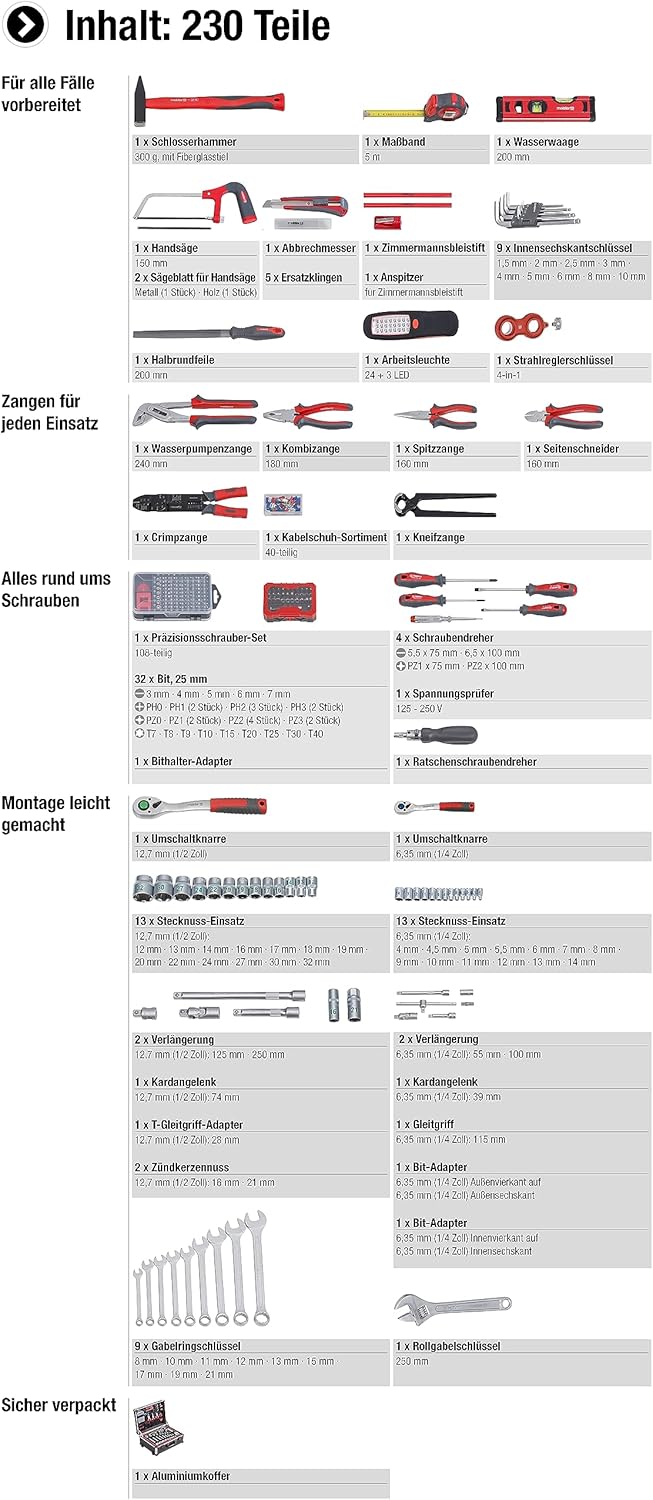 Werkzeugtrolley 230-teilig mit Handwerkzeugen Aluminiumkoffer Rollen und Teleskopgriff 8973740