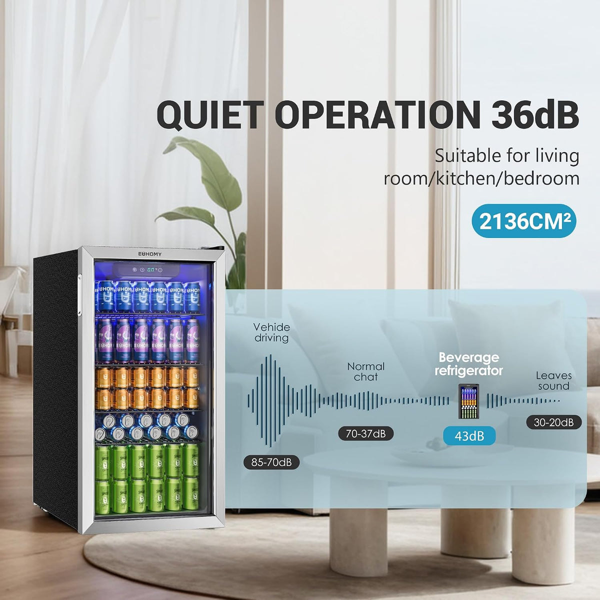 Getränkekühlschrank JC-90VEL-F 90L für 126 Dosen mit Glastür digitaler Temperaturregelung 4 verstellbaren Ablagen Silber