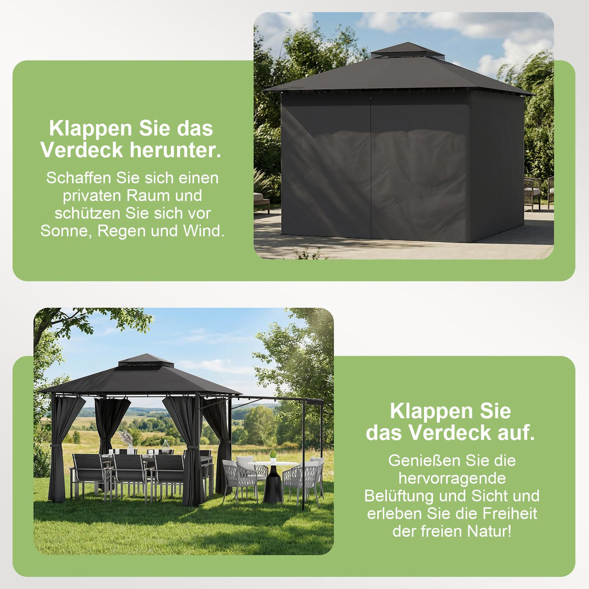 Pavillon 3 x 3 m Grillpavillon erweiterbar auf 3 x 4,8 m mit verstellbarer Markise 1,8 m Stahlgestell 4 Seitenwände