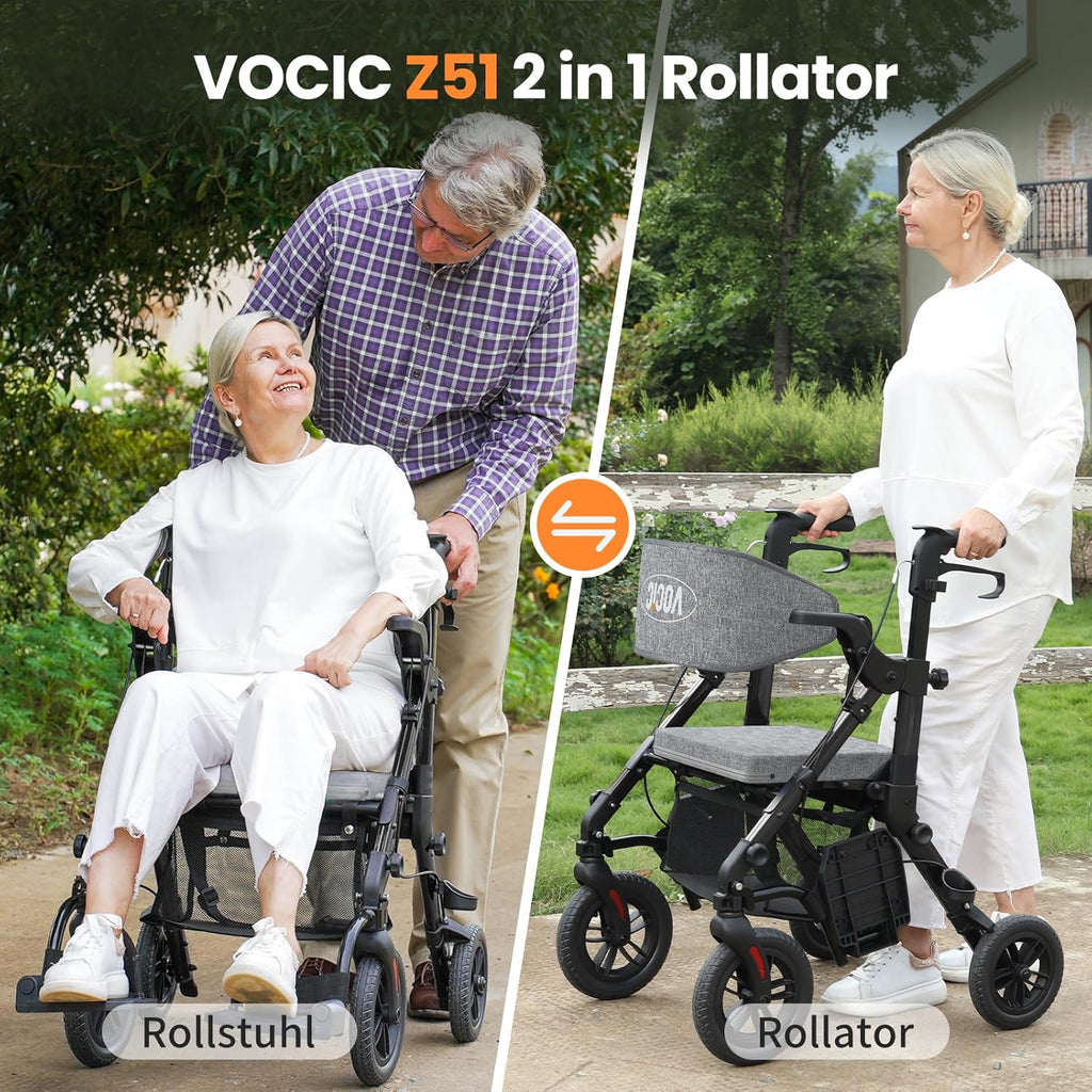 2-in-1 Rollator und Transportstuhl V-RL-Z51-E-BK faltbar aus Aluminium mit Sitz und Outdoor-Reifen bis 136 kg