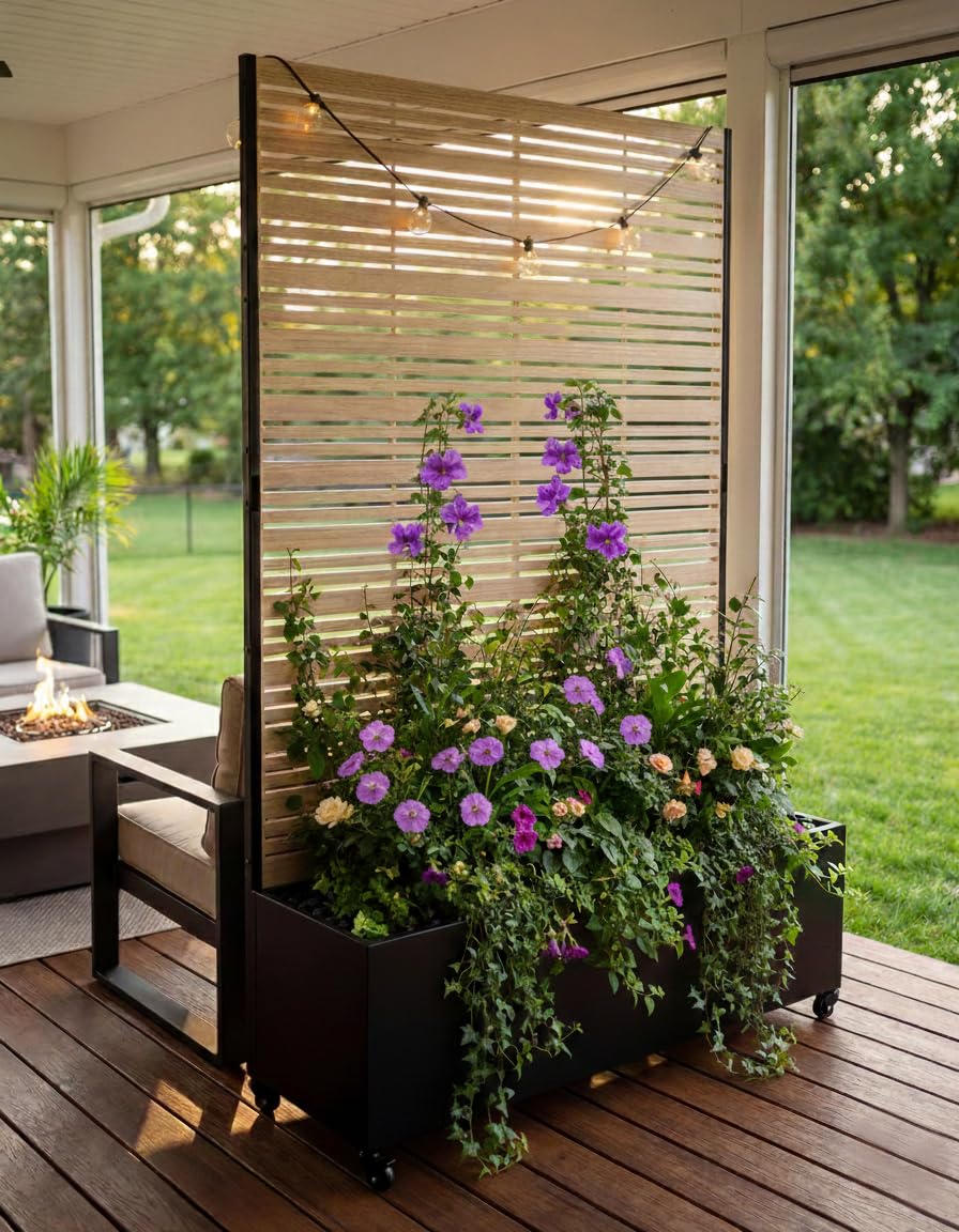 Metall Hochbeet mit Sichtschutz Rankgitter Rollen 33 cm tief 185 cm hoch wetterfest für Garten Balkon Terrasse