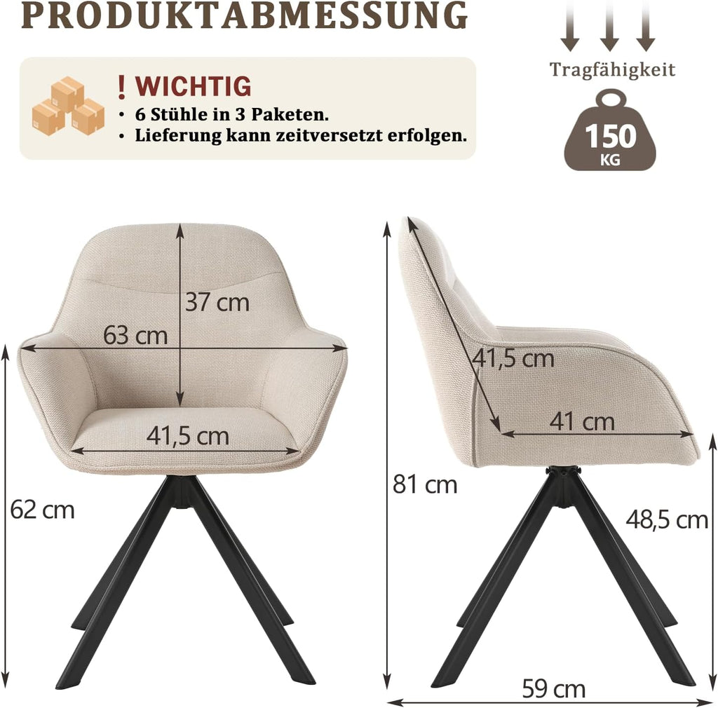 Drehbare Esszimmerstühle 6er Set 360 Grad drehbar Armlehne Leinen Metallgestell JOD01370AAA-6