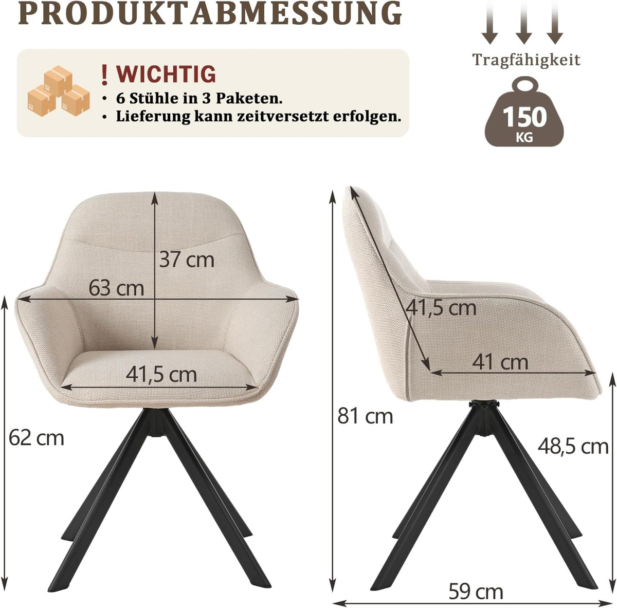 Drehbare Esszimmerstühle 6er Set 360 Grad drehbar Armlehne Leinen Metallgestell JOD01370AAA-6