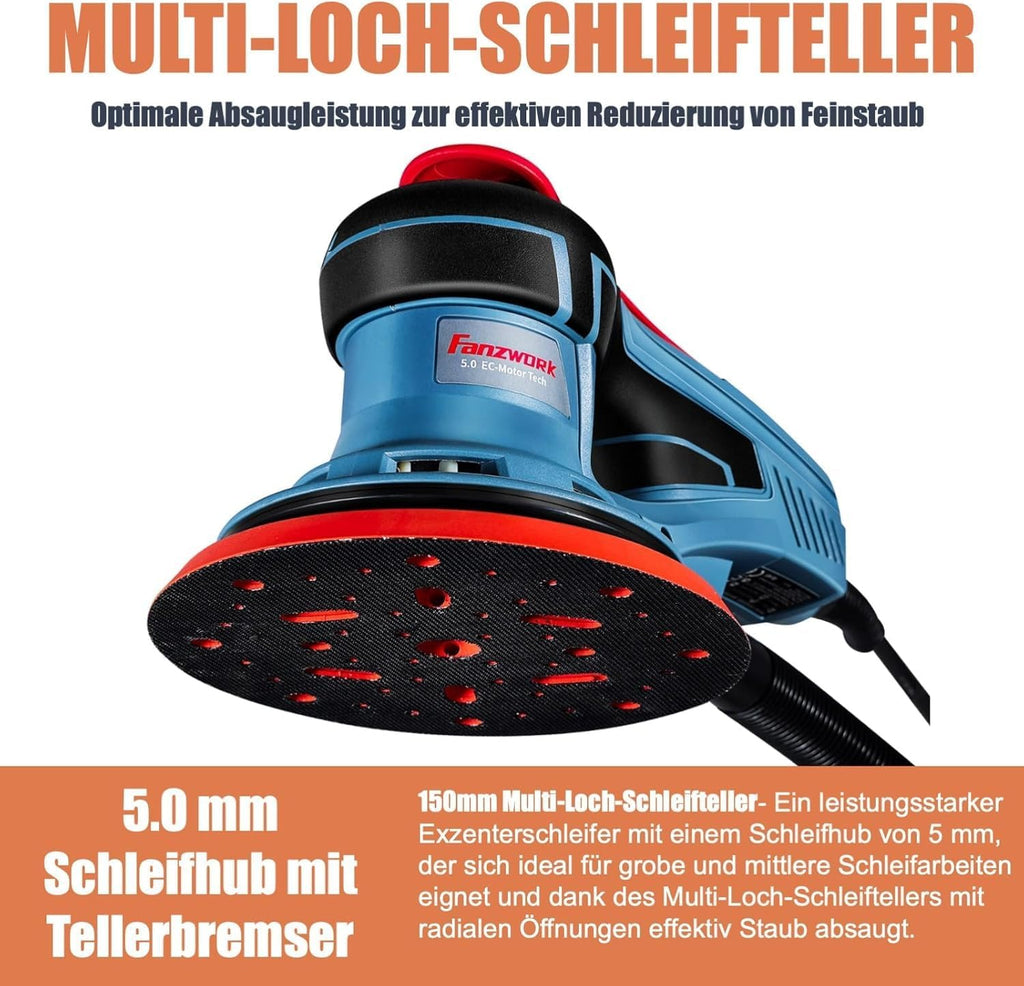 Exzenterschleifer 150 mm 350 W 5 mm Hub 7-stufige Drehzahlregelung bürstenlos mit Koffer und Zubehör Schleifmaschine
