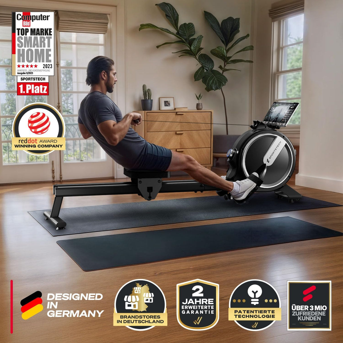 Rudergerät Magnetwiderstand PROwer BL 32 Stufen LED Display Bluetooth klappbar Dual Rail für Zuhause