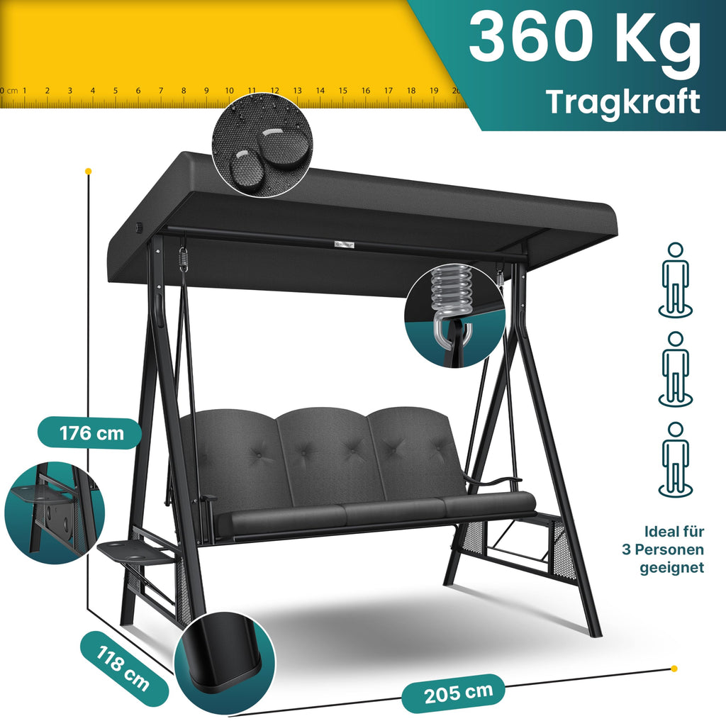 Hollywoodschaukel 3-Sitzer mit Sonnendach Sitzpolster Edelstahlrahmen bis 360 kg Anthrazit Sitztiefe 118 cm