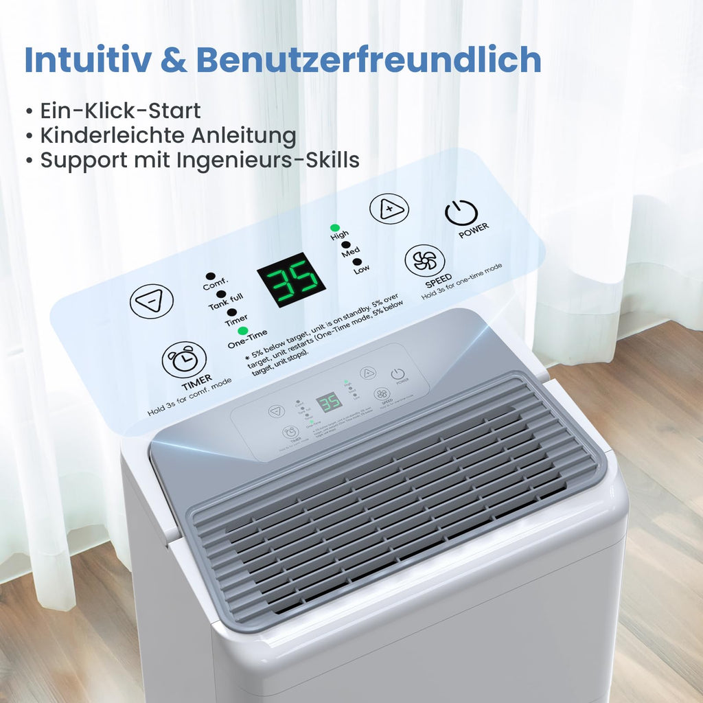 Luftentfeuchter elektrisch 20L DFL-20L für Keller bis 50m² mit 475W Leistung und 3,4L Wassertank