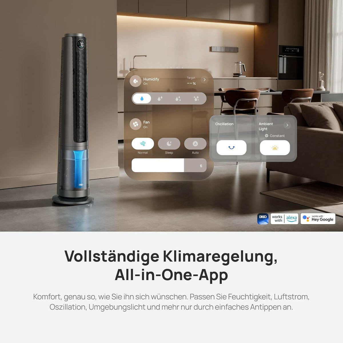 Nebel Turmventilator TurboCool 765S mit Ultraschall WLAN App-Steuerung 6L Tank 90° Oszillation