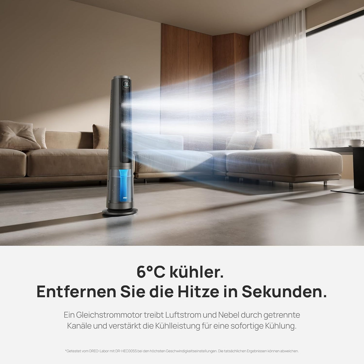 Nebel Turmventilator TurboCool 765S mit Ultraschall WLAN App-Steuerung 6L Tank 90° Oszillation