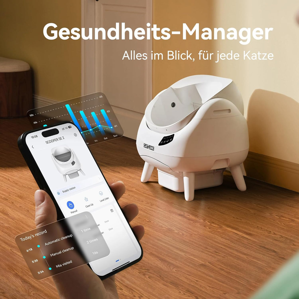 Selbstreinigende Katzentoilette XXL mit offenem Design 12L Abfallbehälter 5 GHz WLAN App-Steuerung für Mehrkatzenhaushalte Modell C08