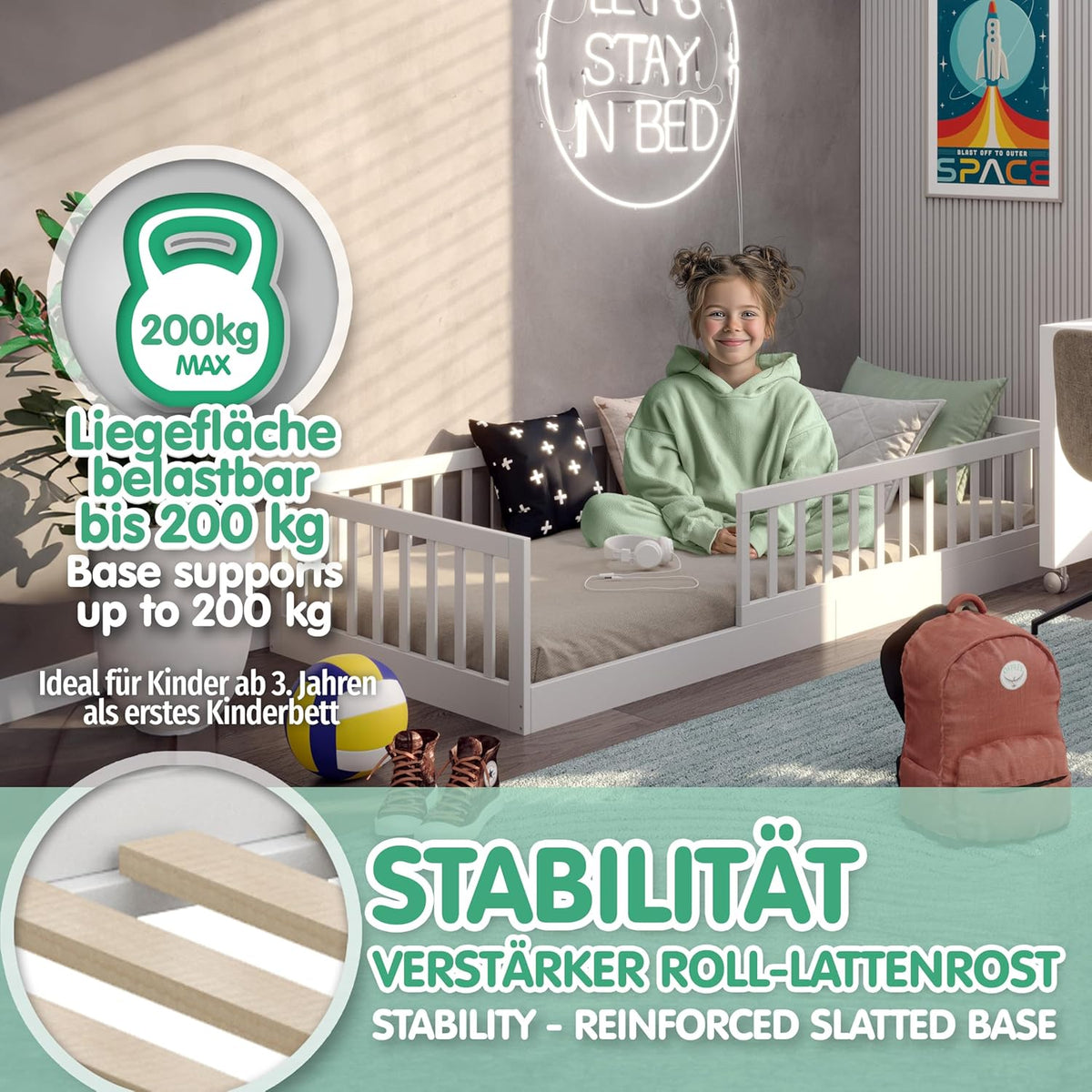 Bodenbett 90x200 cm Montessori Kinderbett Massivholz Kiefer mit Rausfallschutz und Roll-Lattenrost bis 200 kg