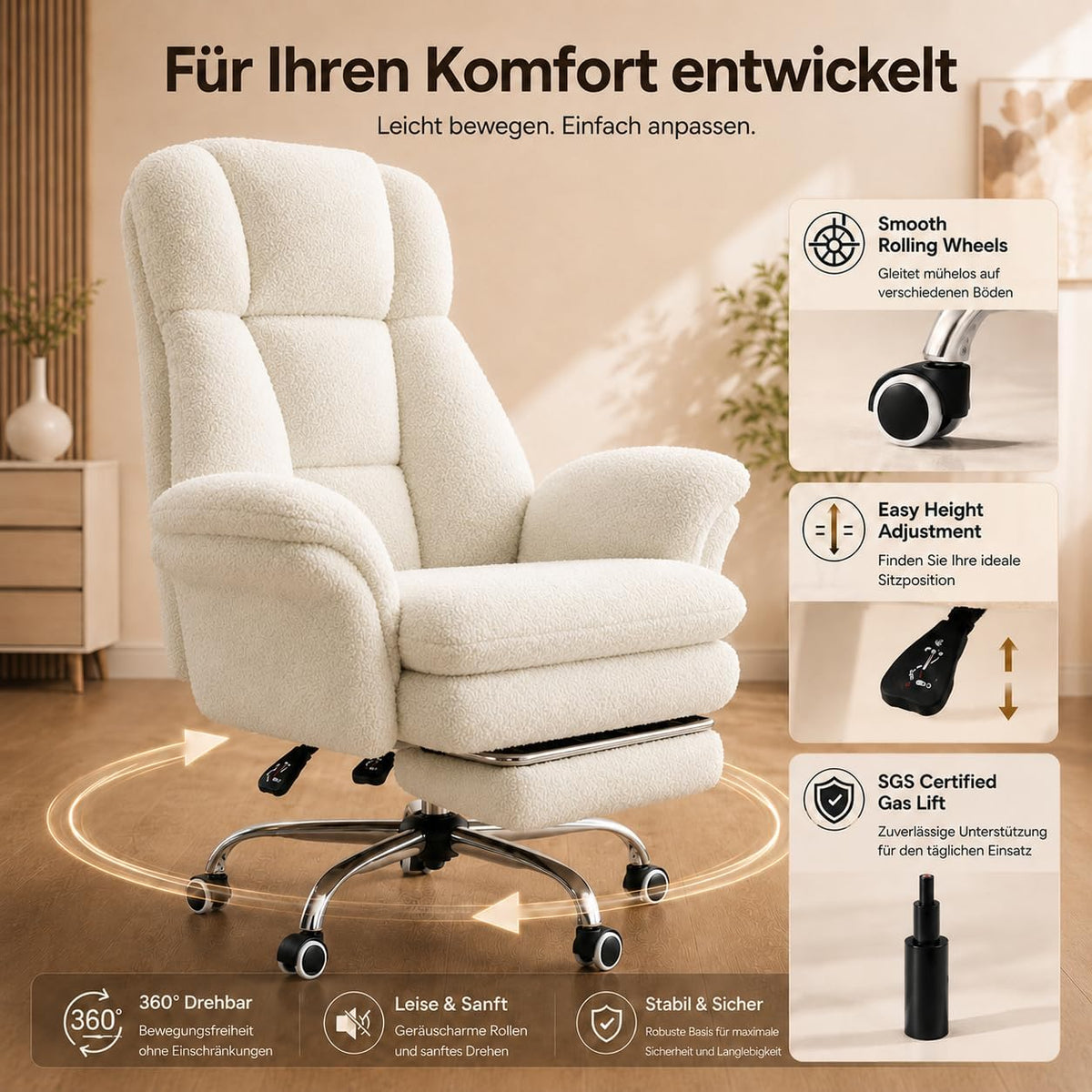 Bürostuhl mit Fußstütze verstellbare Rückenlehne 135° breiter Sitz Teddy-Stoff Drehstuhl für Home Office Lesen Entspannen