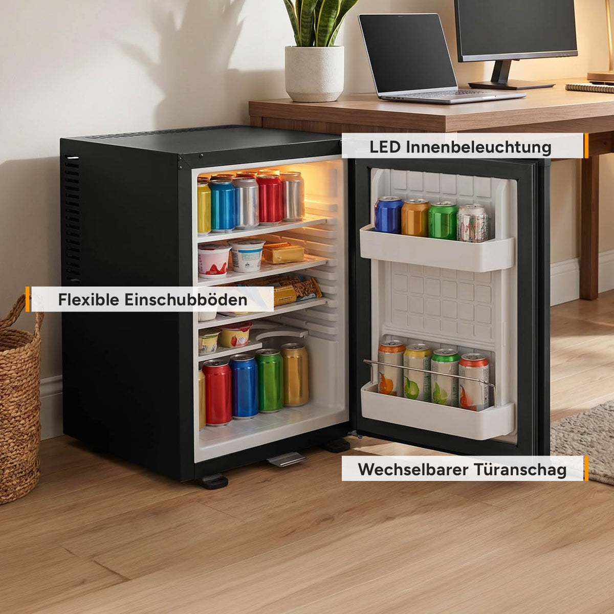 Mini Kühlschrank 40L kompakt abschließbar wechselbarer Türanschlag Innenbeleuchtung freistehend FA-5172 schwarz