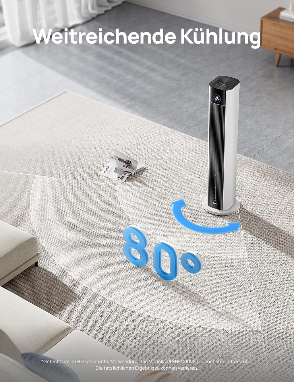 Turmventilator Verdunstungskühler 110 cm 4 Geschwindigkeiten 4 Modi App Steuerung 80° Oszillation 12h Timer DR-HEC002S
