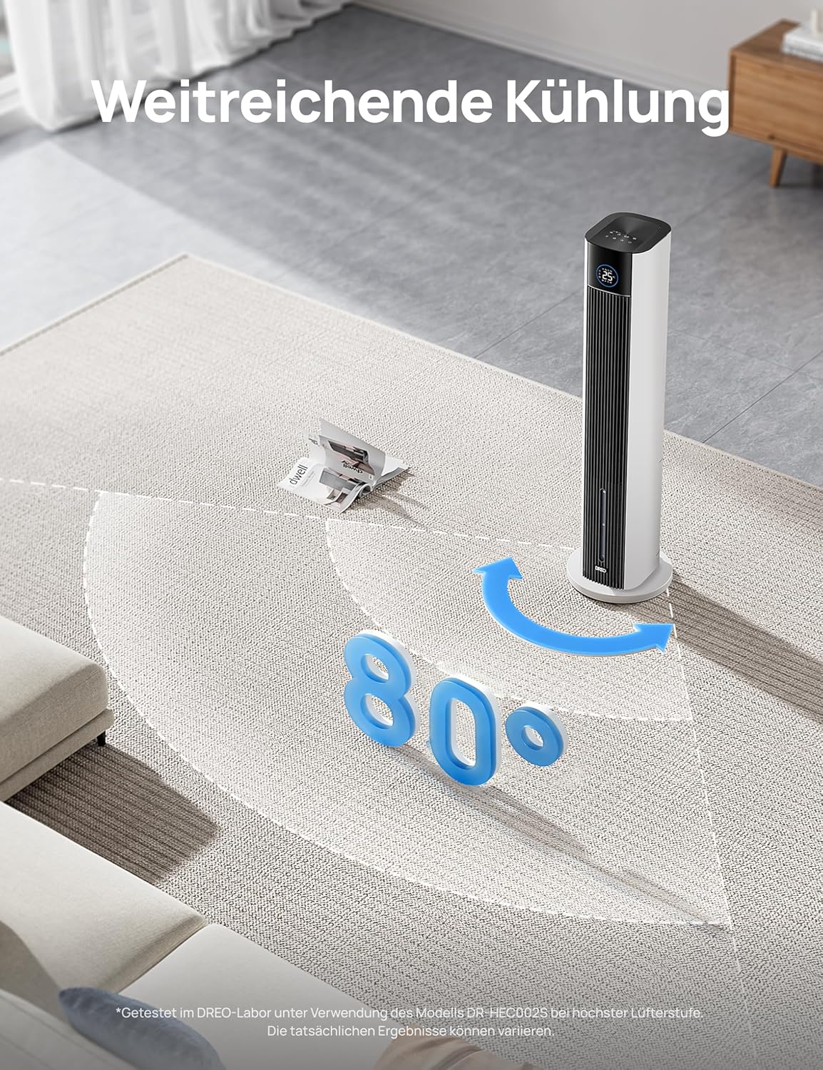 Turmventilator Verdunstungskühler 110 cm 4 Geschwindigkeiten 4 Modi App Steuerung 80° Oszillation 12h Timer DR-HEC002S