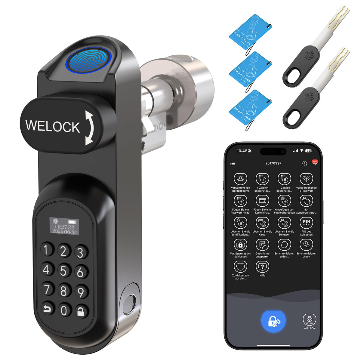 Türschloss mit Fingerabdruck und PIN U81 6-in-1 App RFID Bluetooth WLAN für EU-Profiltüren 50-90 mm