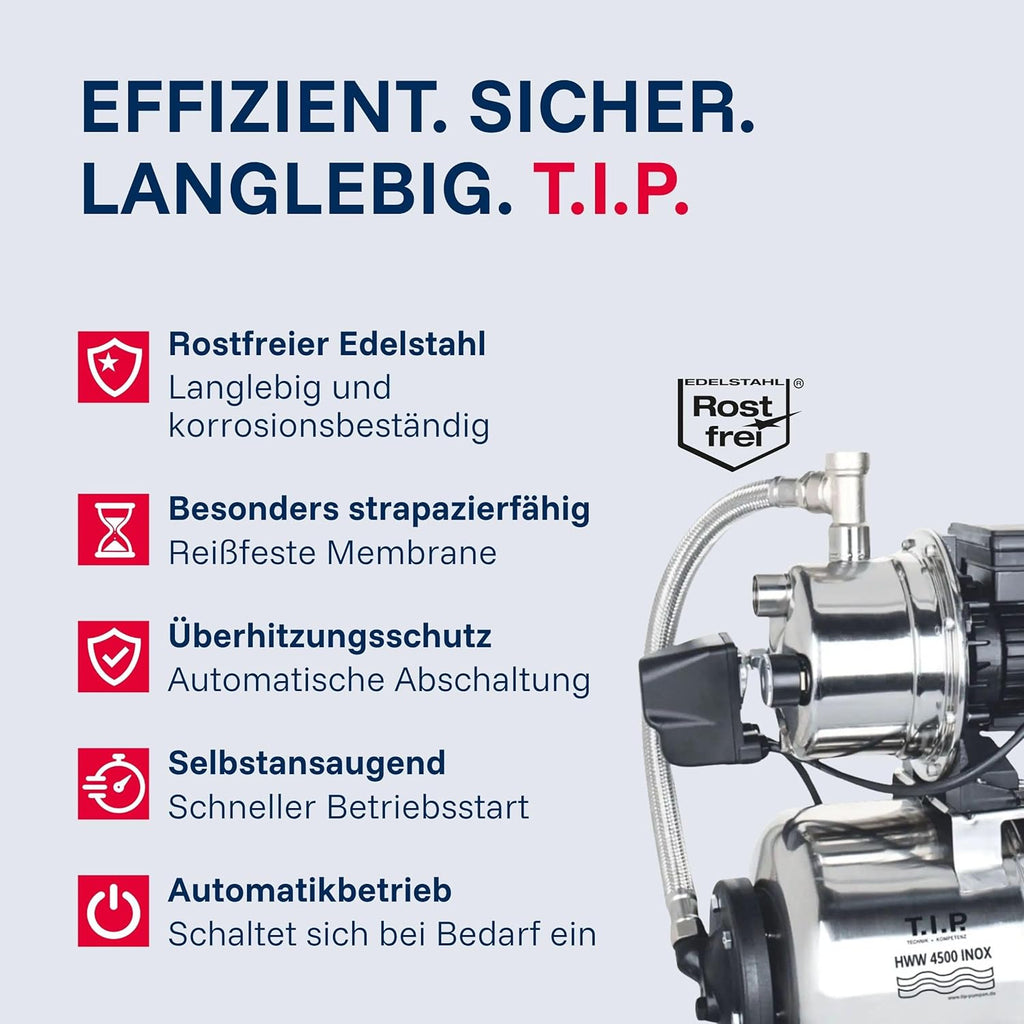 Hauswasserwerk HWW 4500 INOX 1200W 4350 l/h 50m Förderhöhe 5 bar 22L Edelstahl-Druckkessel mit Manometer