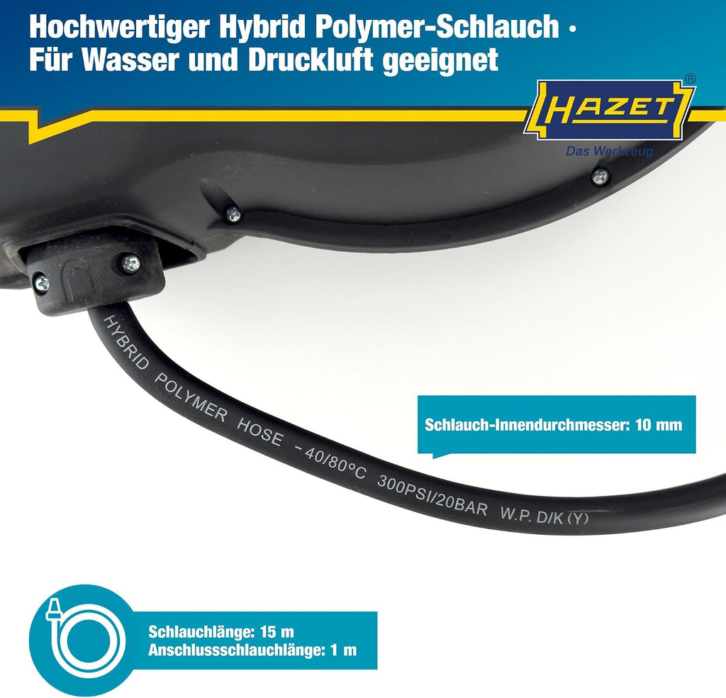 Schlauchaufroller 9040N-13 15 m 13 mm 20 bar Druckluft und Wasser Wandmontage mit automatischem Aufrollsystem und Stoppfunktion