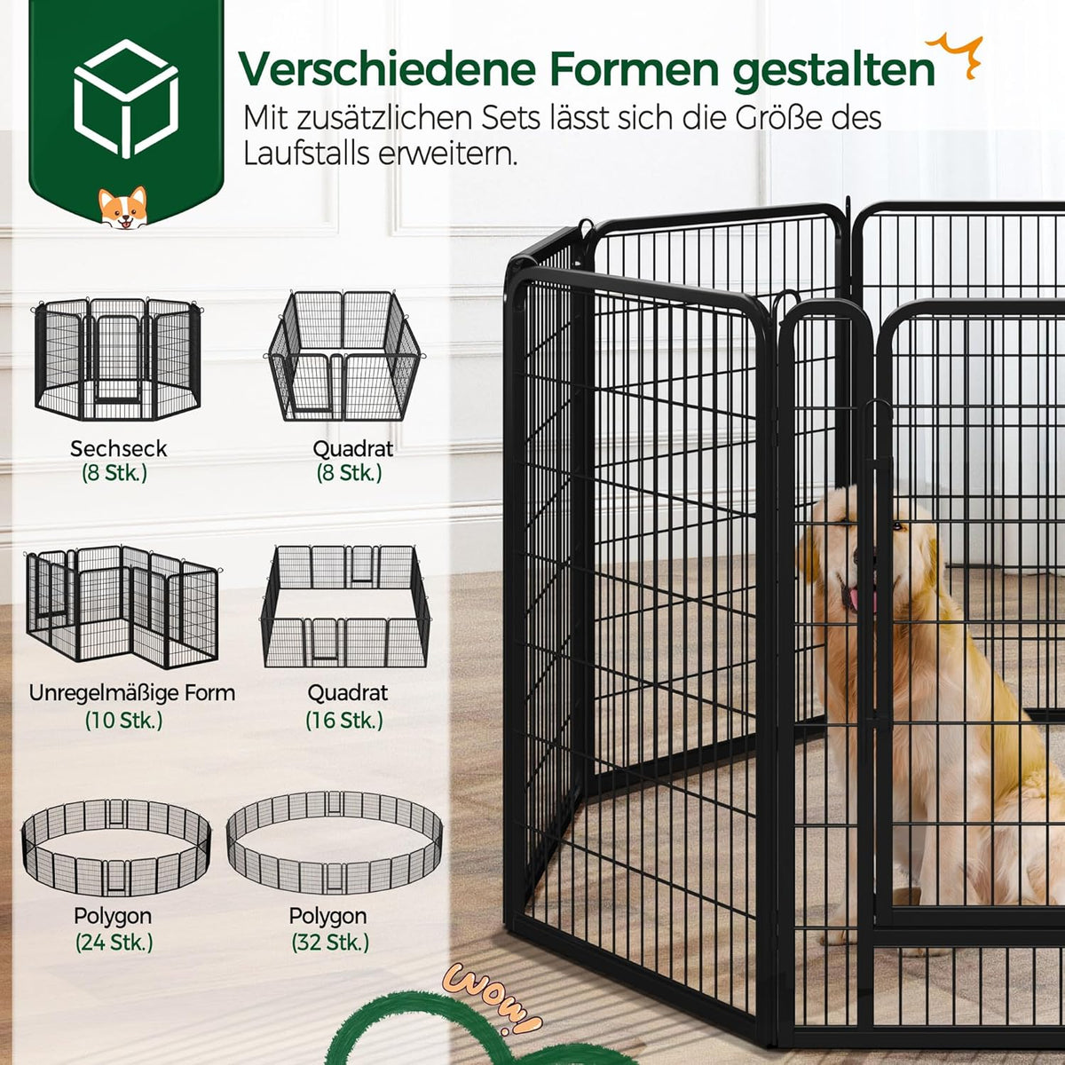 Welpenauslauf Metall 16-teilig 100 cm hoch 2 Türen Faltbar mit automatischer Verriegelung schwarz