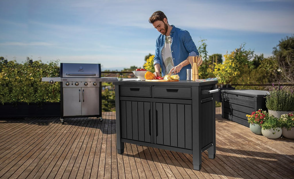 Grilltisch Beistelltisch XXL 22634 124x52x90 cm Kunstharz Holzoptik Outdoor Servicetisch mit Stauraum 2 Schubladen
