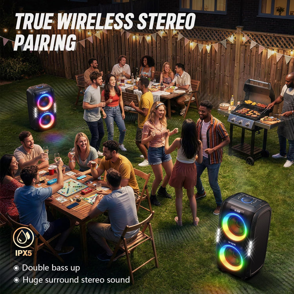 Bluetooth Party-Lautsprecher T9 Pro 270W mit Bluetooth 5.3 2 x 6,5 Zoll Woofern Mikrofon- und Gitarreneingang USB TF AUX Wechselakku