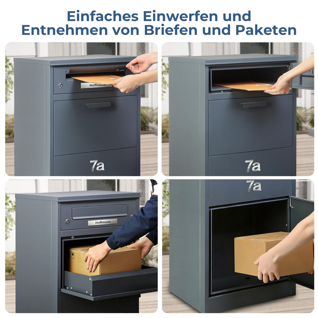 Paketbriefkasten mit Paketfach 85 l 112 x 50 x 39 cm verzinkter Stahl abschließbar freistehend mit 4 Schlüsseln Anthrazit