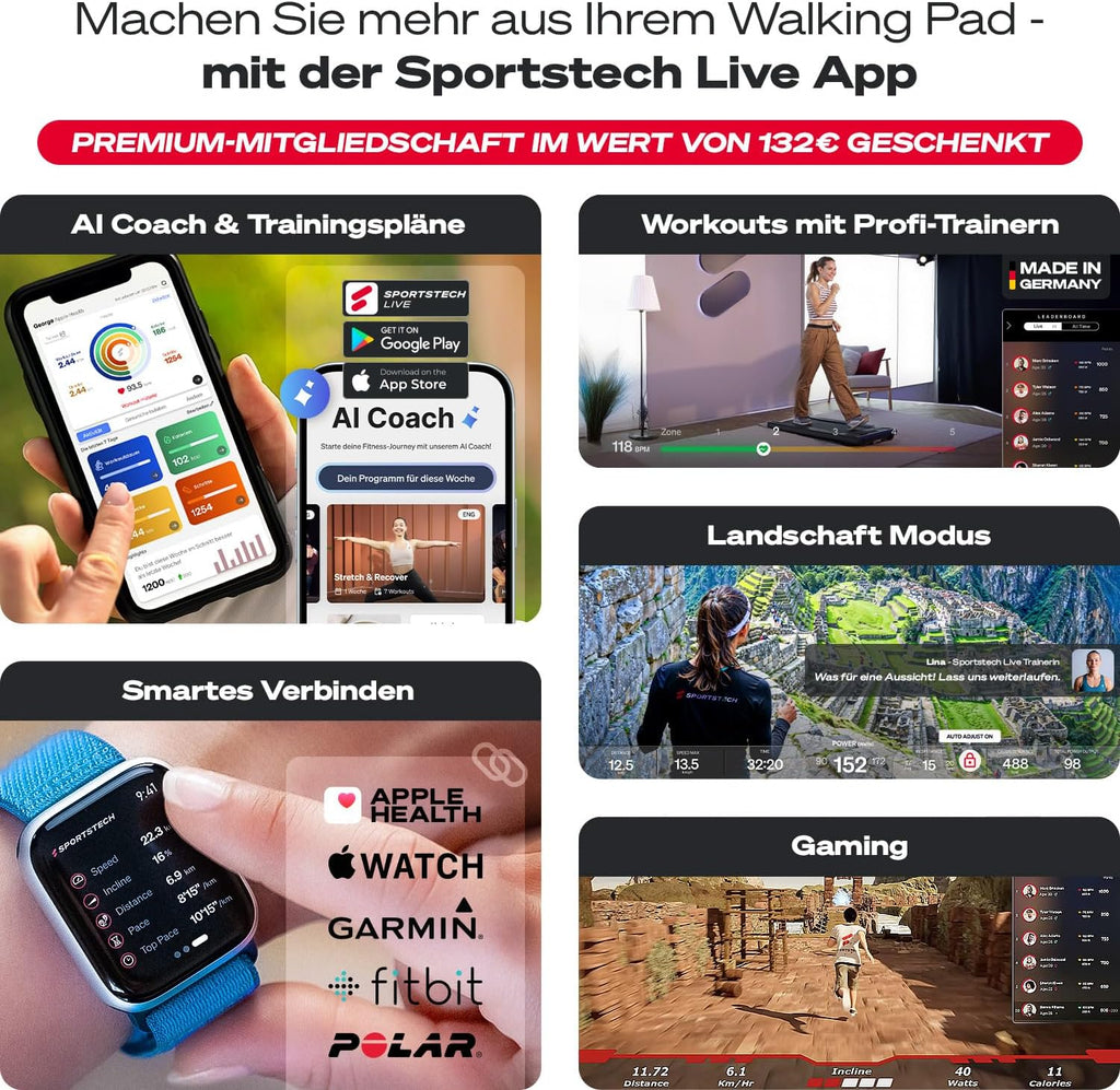 Walking Pad Laufband klappbar sWalk 8 km/h 7,5% Steigung bis 120 kg LCD Display App