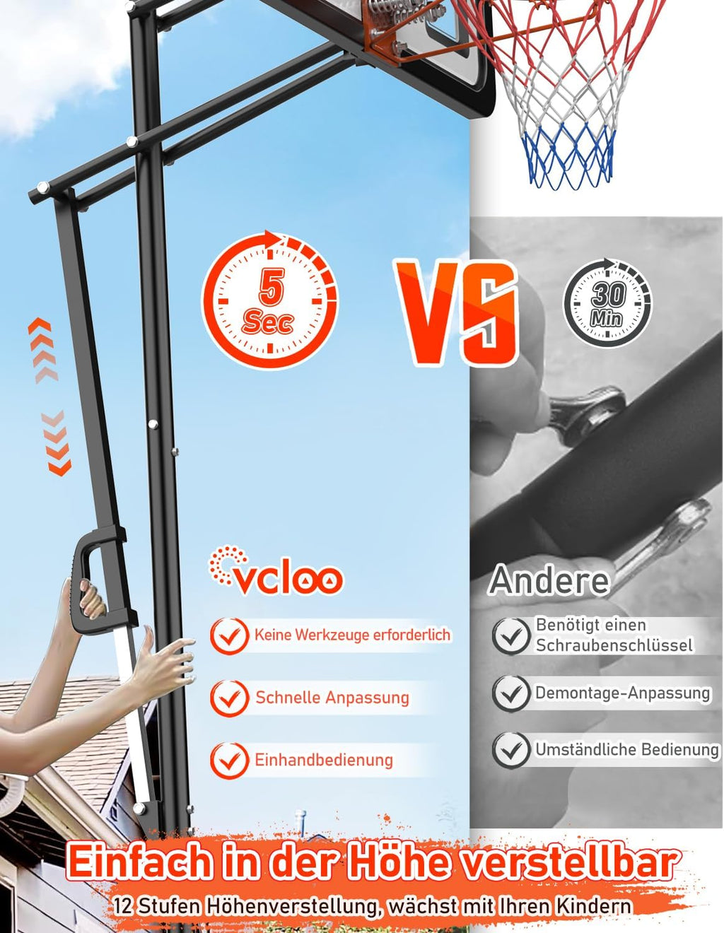 Basketballständer höhenverstellbar LM052 145–305 cm mit 110 x 75 cm Rückwand und Gewichtssack für Innen- und Außenbereich