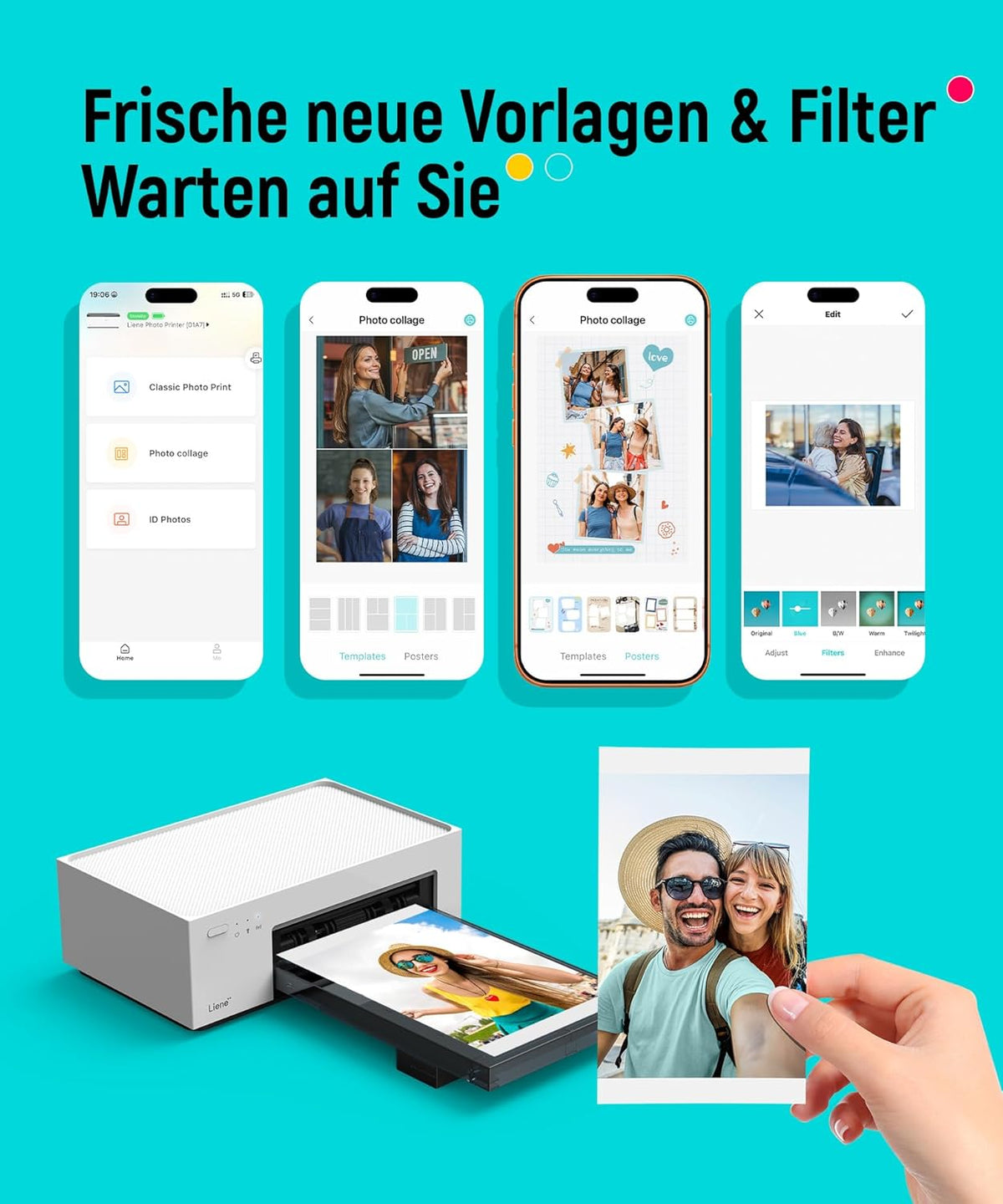 Fotodrucker 10x15 cm tragbar DHP513 Farbstoffsublimation 300 DPI WLAN USB kompatibel mit Smartphone PC inkl Fotopapier und Patrone