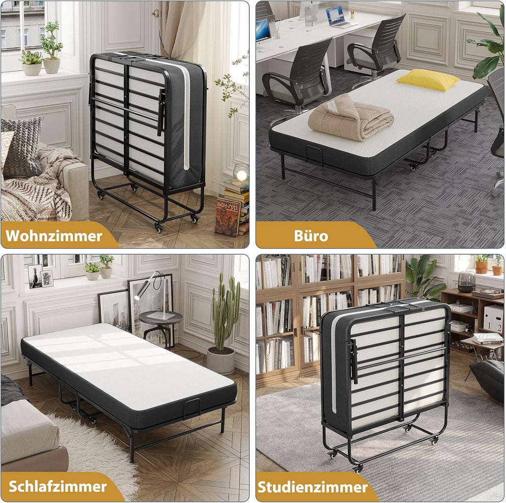 Klappbett Gästebett 90x200 cm mit 10 cm Schaumstoffmatratze Metallrahmen klappbar mit 4 Rollen bis 200 kg